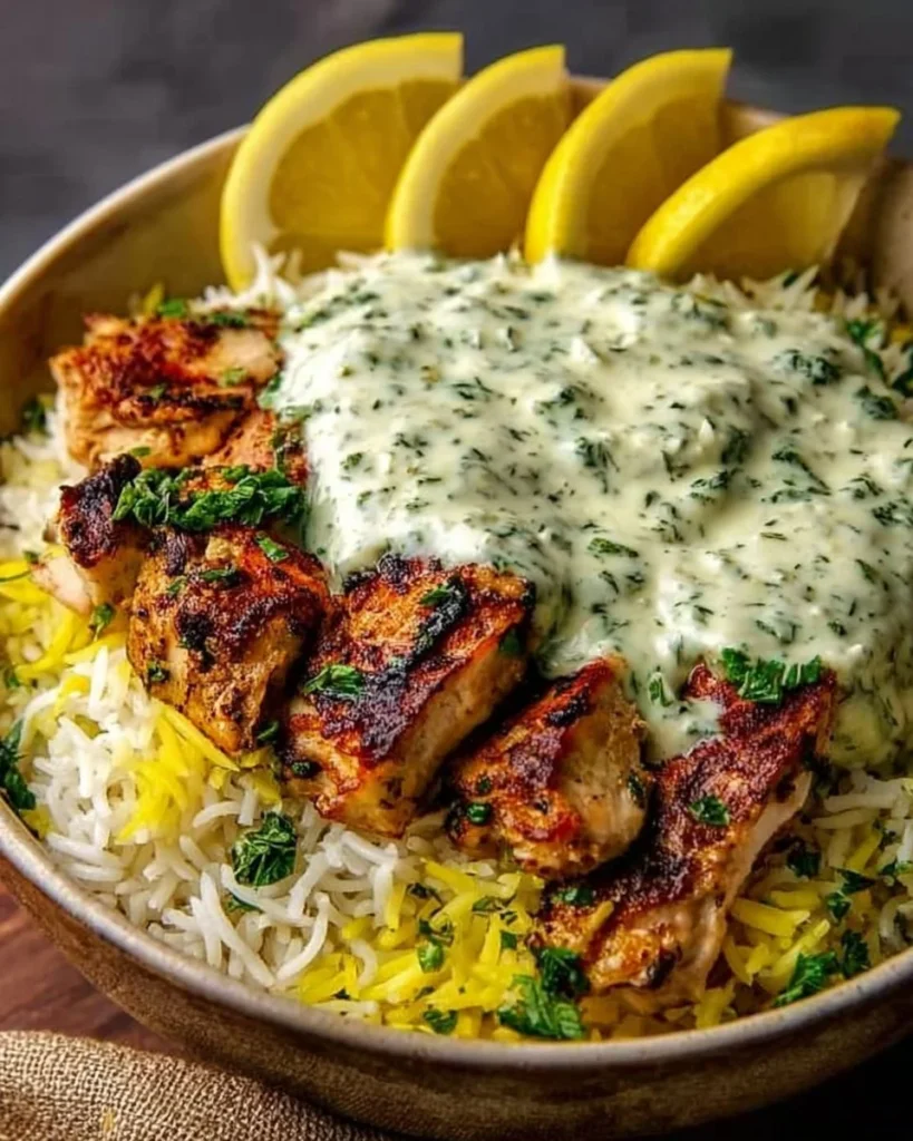 Grilled chicken served over saffron rice with creamy herb yogurt sauce