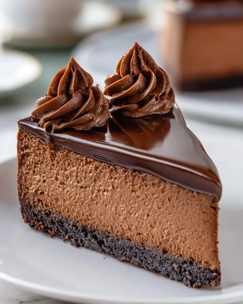 Delicious Instant Pot chocolate cheesecake served on a white plate