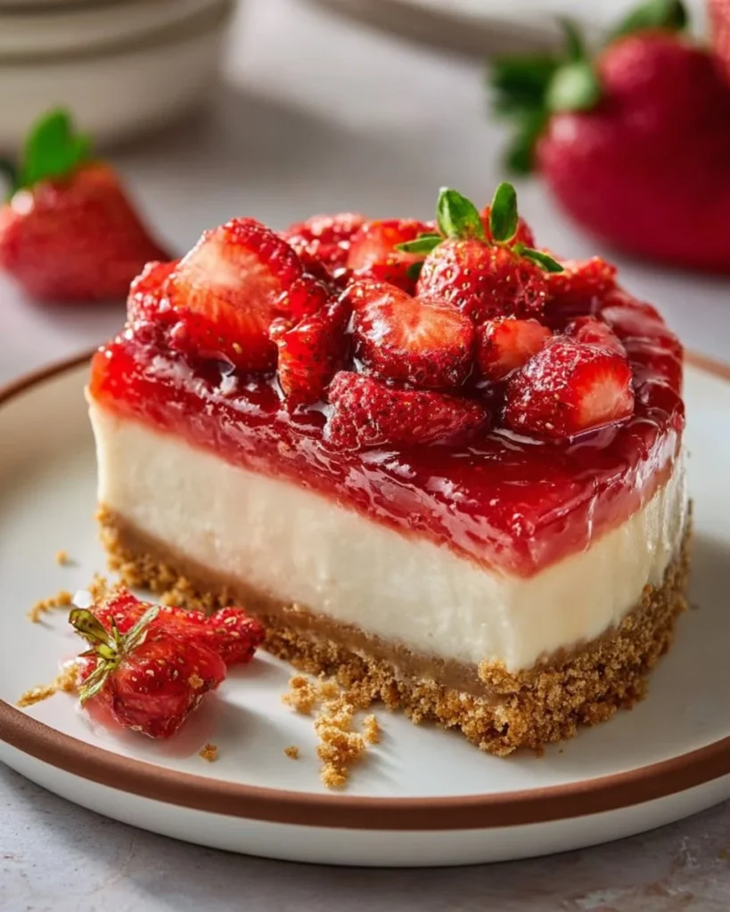Instant Pot Strawberry Crunch Cheesecake with a crunchy topping and strawberry garnish