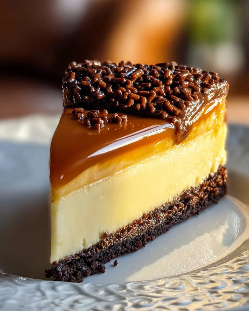 Delicious Irish Cream Cheesecake with caramel topping on a plate
