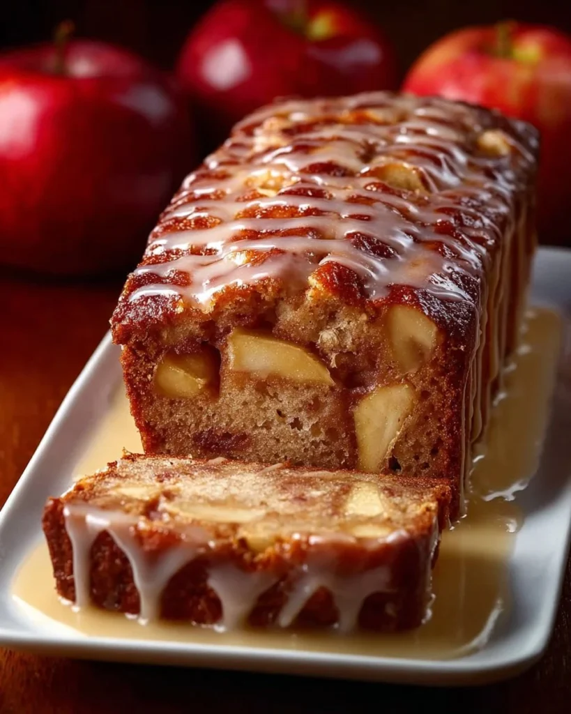 Freshly baked apple cinnamon bread with a golden crust and apple topping