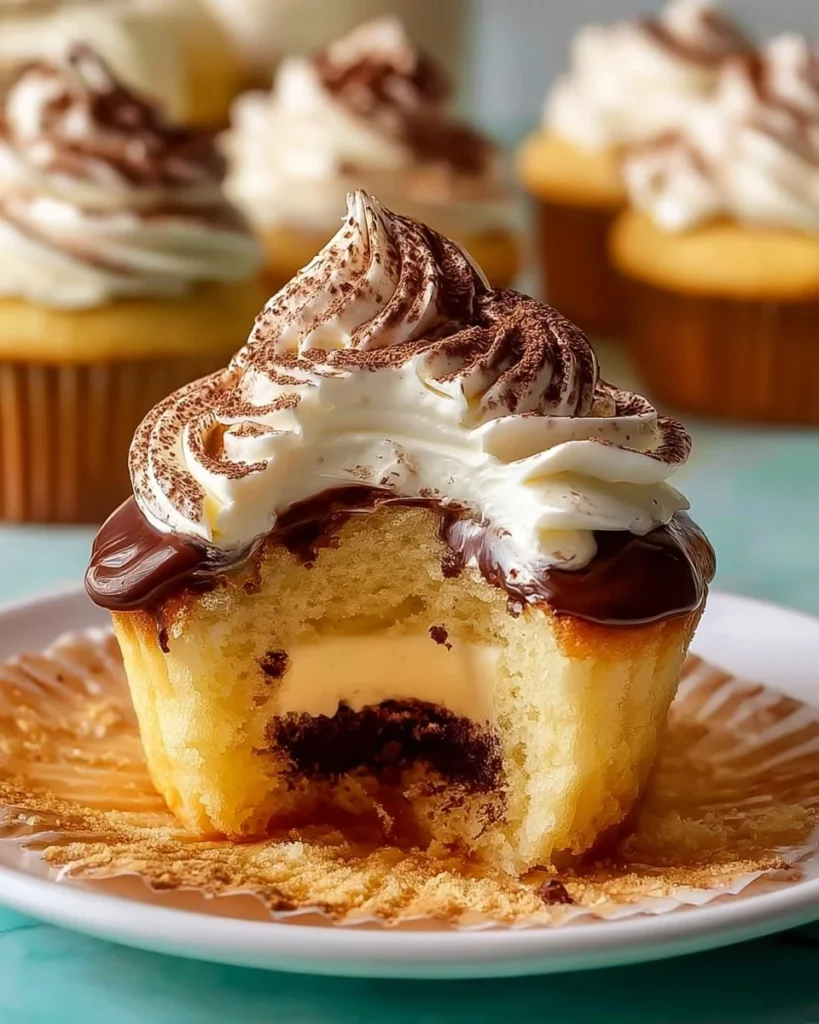 Delicious Boston Cream Cupcakes topped with chocolate and creamy filling