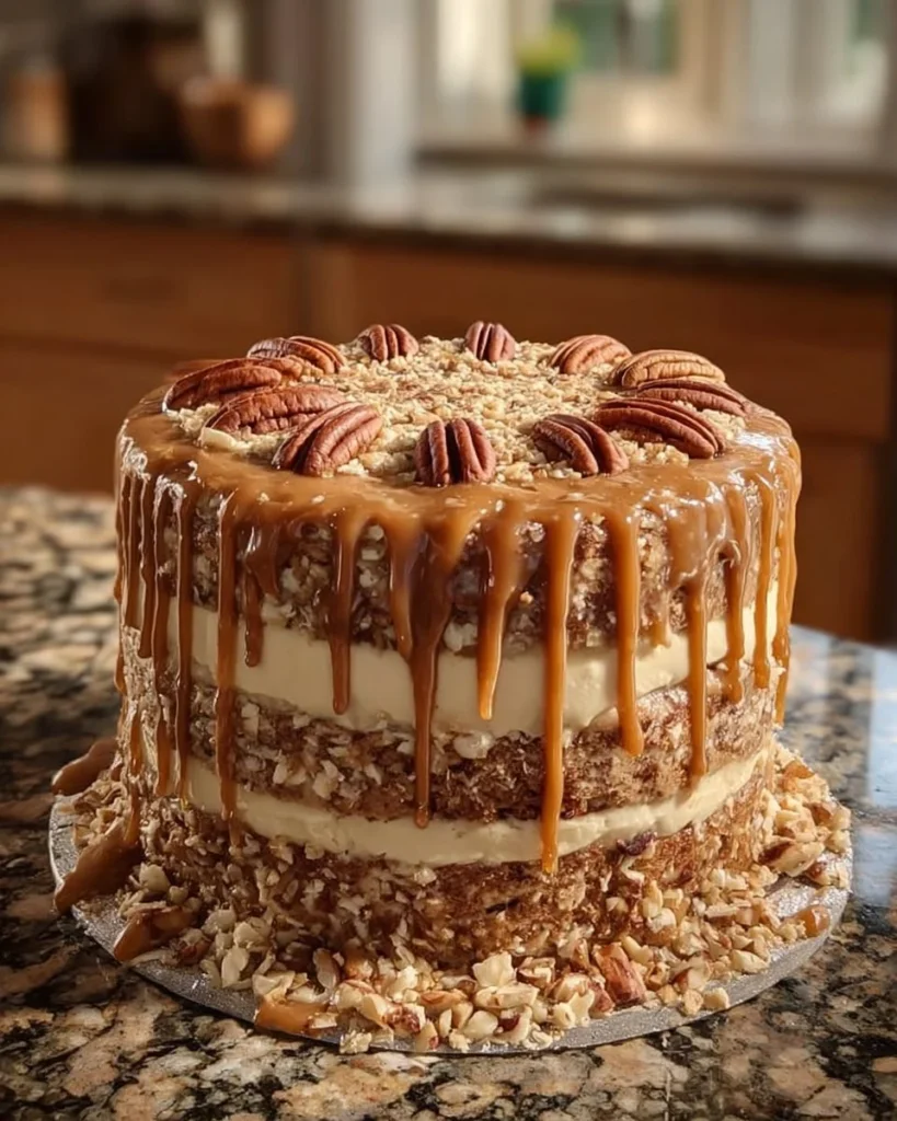 Delicious Caramel Pecan Cake topped with creamy caramel and crunchy pecans