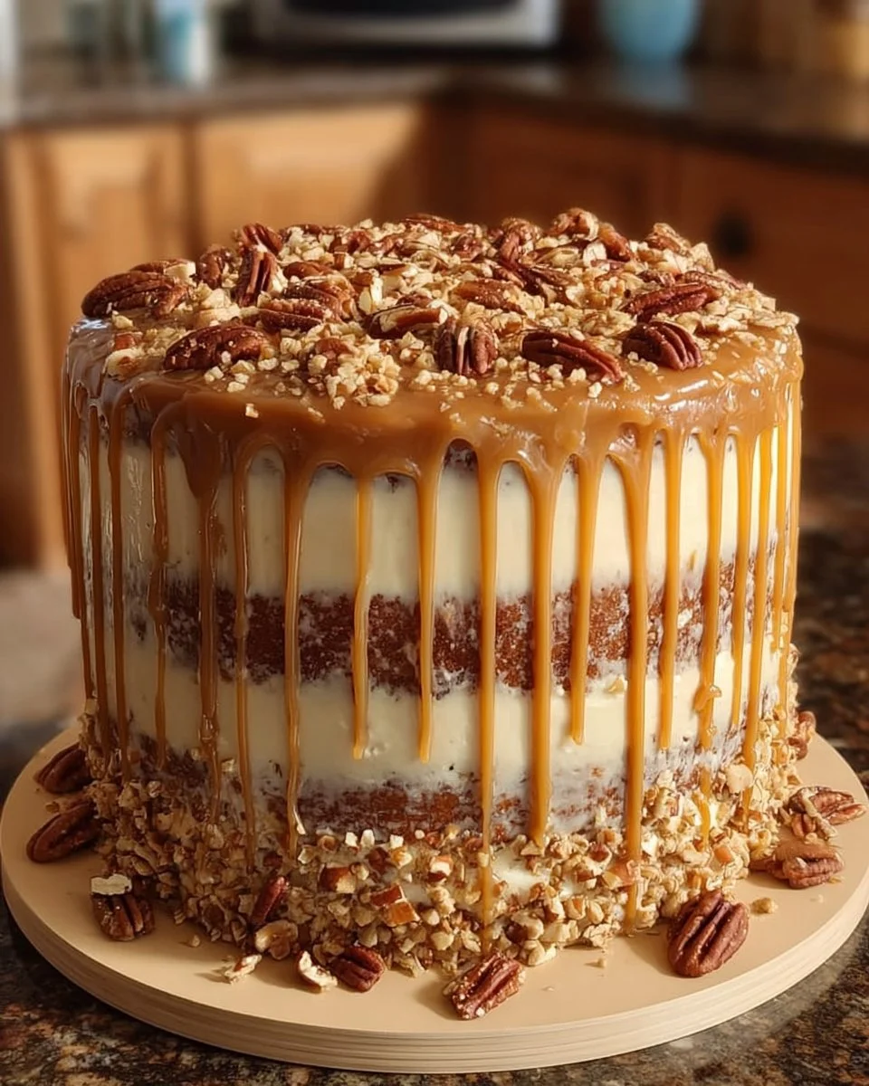 Irresistible Caramel Pecan Cake topped with rich caramel and pecans
