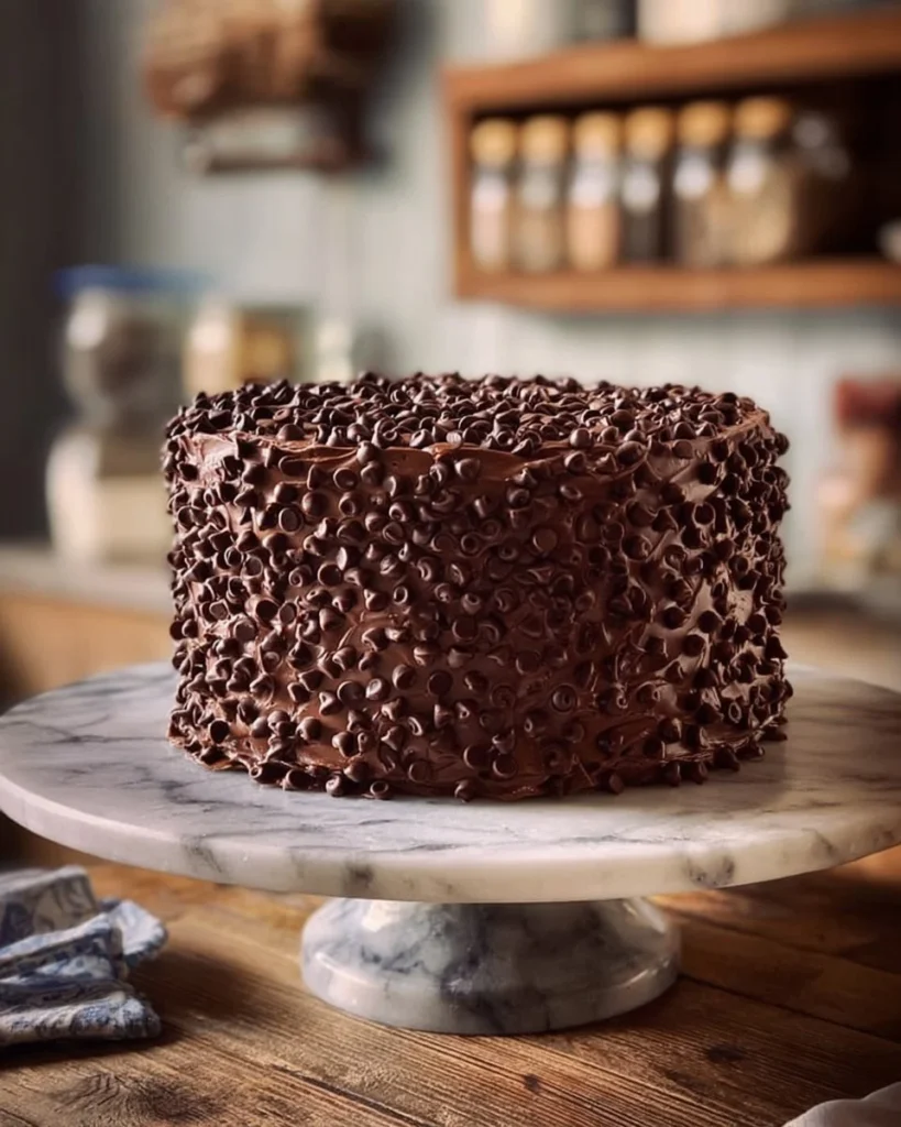 Irresistible chocolate chip drizzle cake with a rich chocolate topping