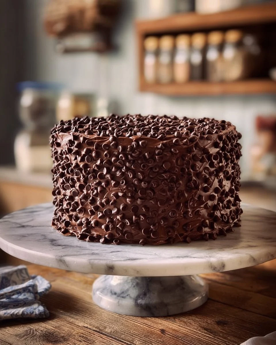 Irresistible chocolate chip drizzle cake with a rich chocolate topping