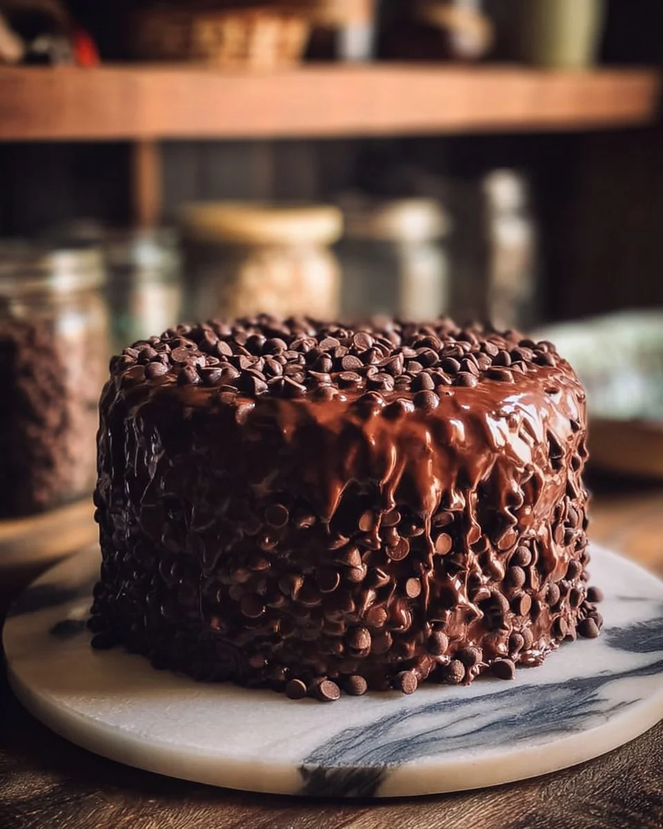 Irresistible chocolate chip drizzle cake with a glossy chocolate topping