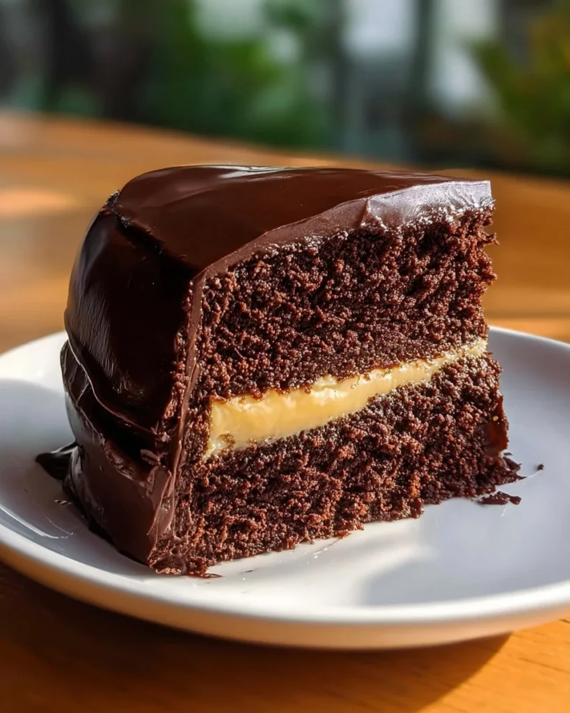 Delicious and rich chocolate cream cake topped with chocolate frosting