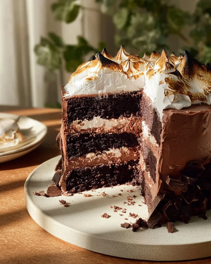Irresistible chocolate marshmallow cake with chocolate frosting and marshmallow topping