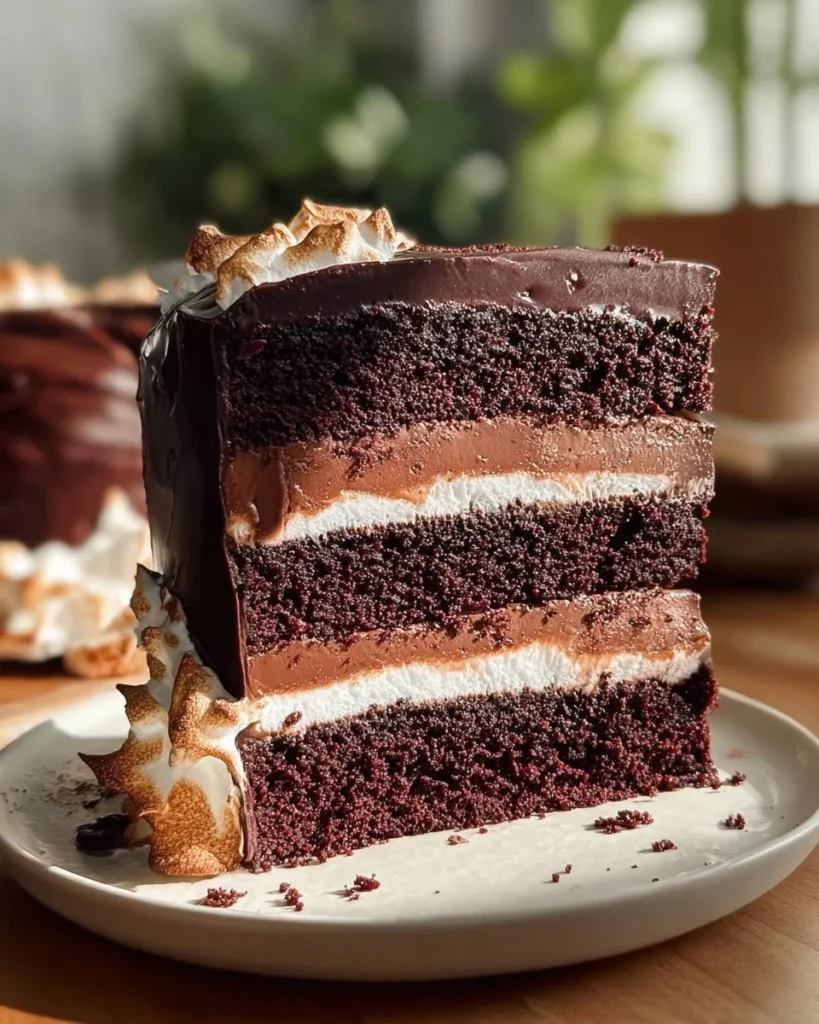Delicious chocolate marshmallow cake with creamy marshmallow frosting