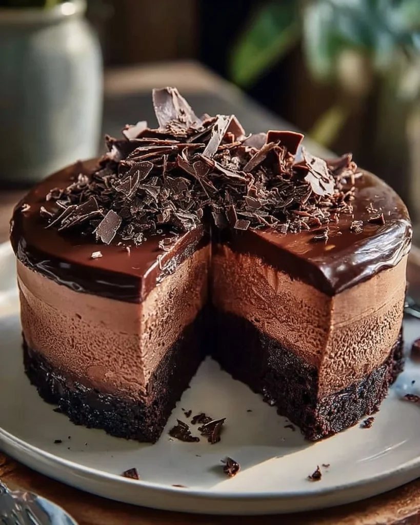 Irresistible chocolate mousse brownie delight dessert topped with cocoa