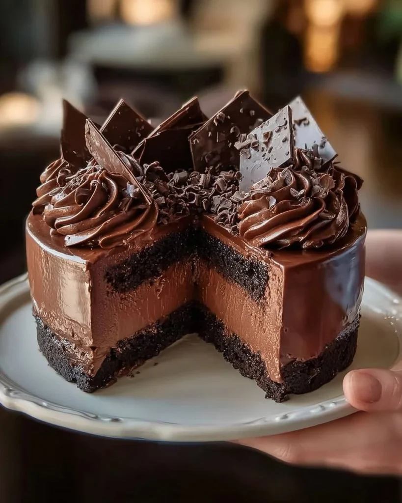 Decadent chocolate mousse brownie topped with rich chocolate sauce and whipped cream.