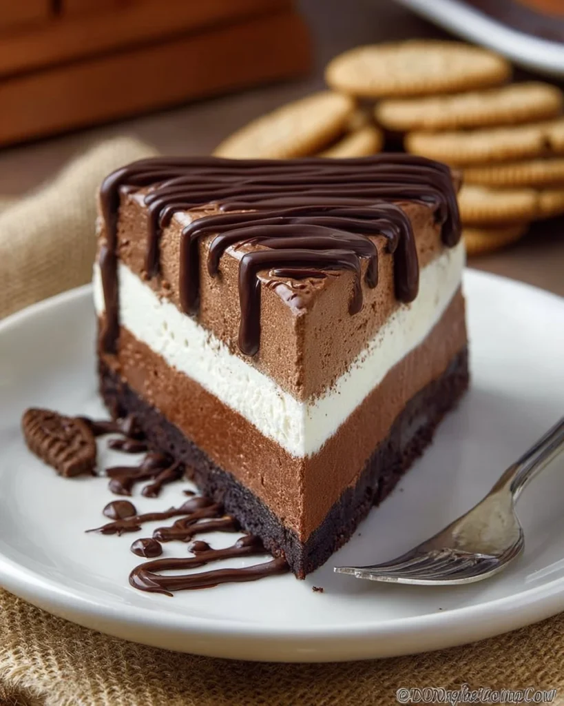 Delicious slice of Chocolate Oreo Cheesecake with a crunchy cookie crust.