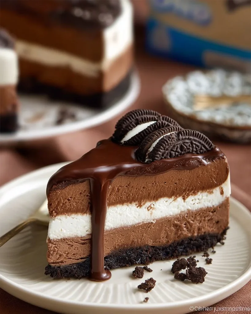 Slice of Irresistible Chocolate Oreo Cheesecake with an Oreo cookie topping
