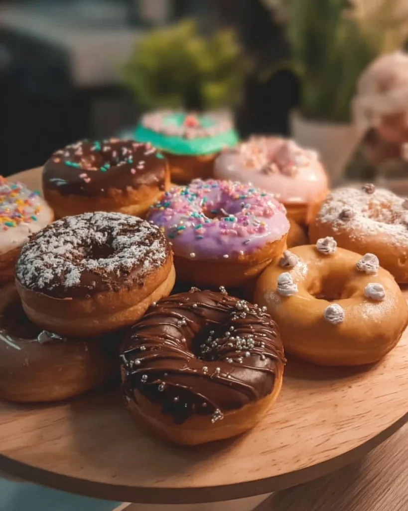 Freshly made homemade donuts with colorful icing and sprinkles