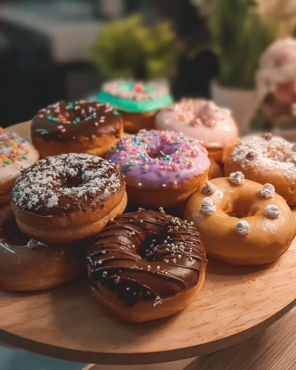 Freshly made homemade donuts with colorful icing and sprinkles