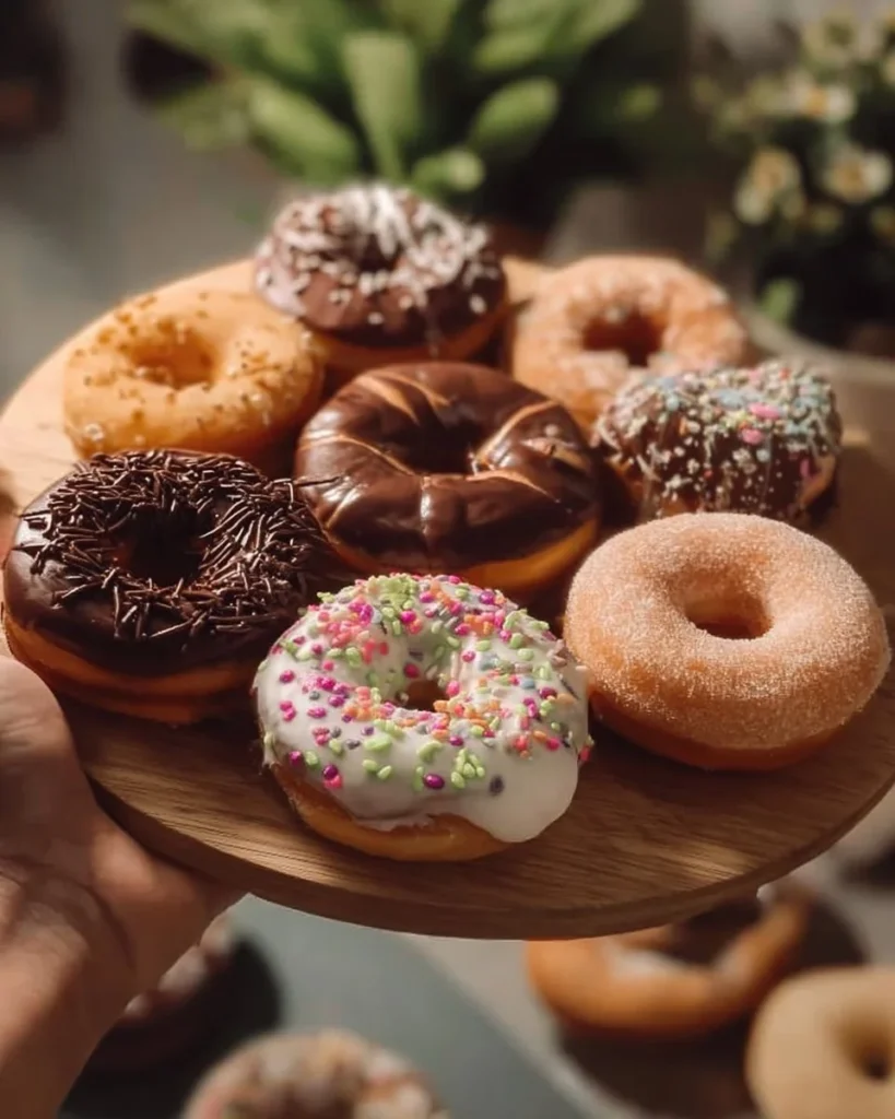 Delicious assortment of irresistible homemade donuts on a wooden table
