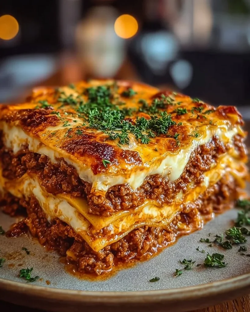 Delicious homemade lasagna with layers of cheese, sauce, and pasta.