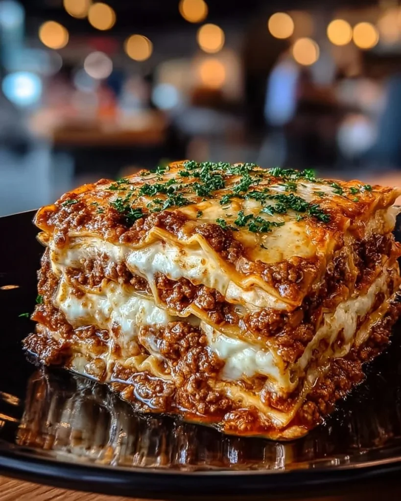 Delicious layers of homemade lasagna with cheese and sauce.
