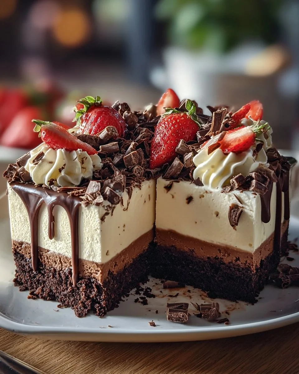Irresistible hot fudge sundae brownie cheesecake topped with creamy fudge sauce.