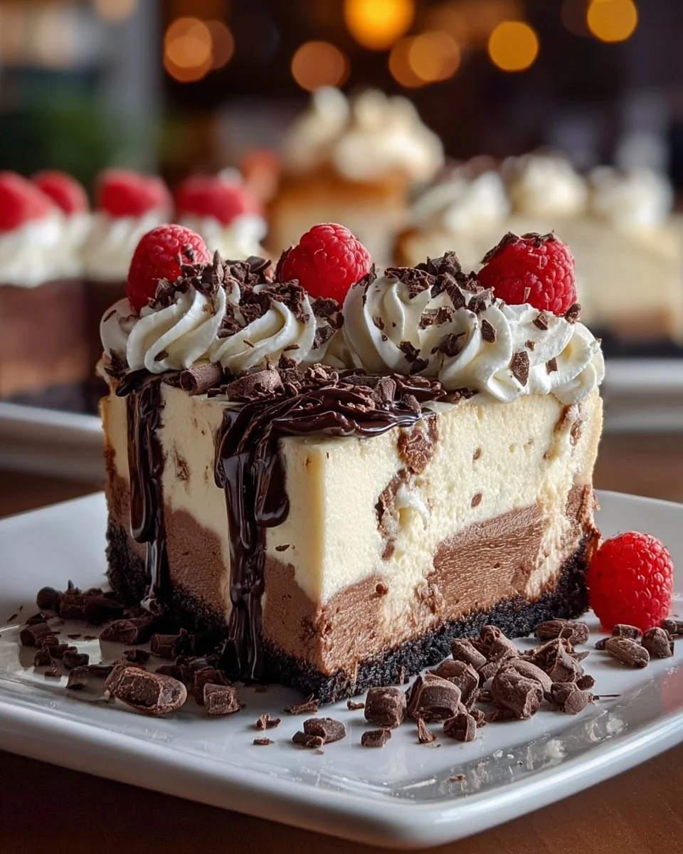 Slice of hot fudge sundae brownie cheesecake topped with chocolate sauce and whipped cream