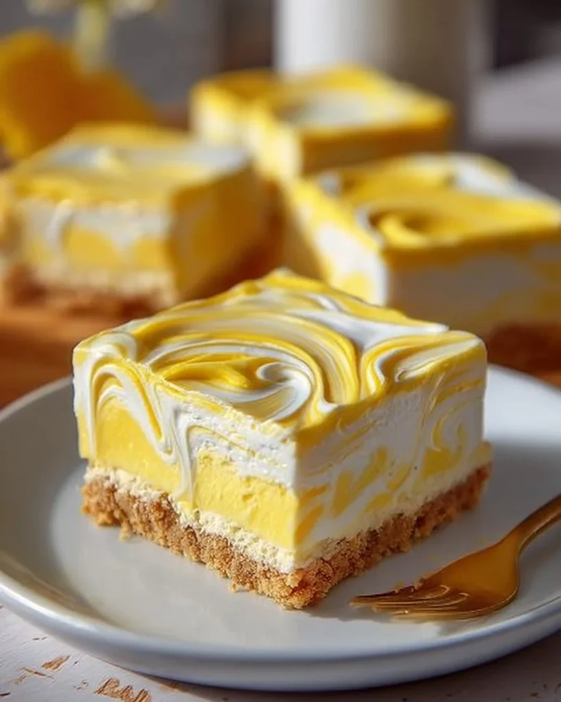 Irresistible Lemon Swirl Cheesecake Squares topped with fresh lemon slices
