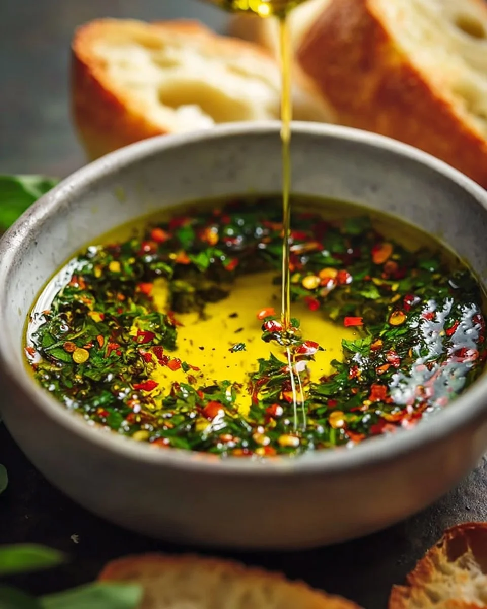 Bowl of delicious olive oil bread dip served with fresh bread.