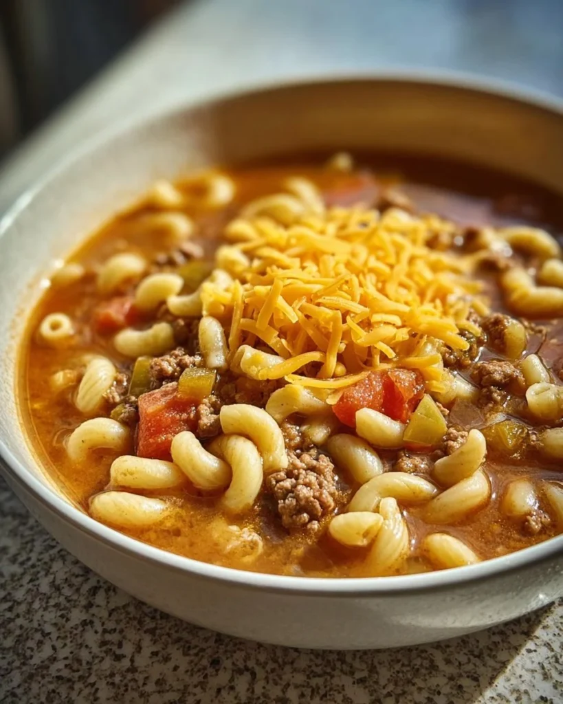 Bowl of creamy macaroni cheeseburger soup topped with cheese and herbs
