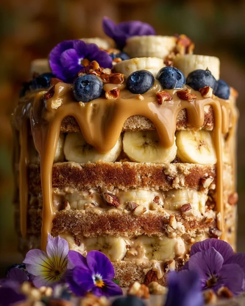 Irresistible Peanut Butter Banana Cake with frosting and banana slices
