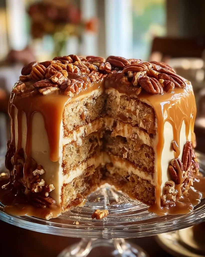 Irresistible pecan caramel cake topped with luscious caramel and crunchy pecans