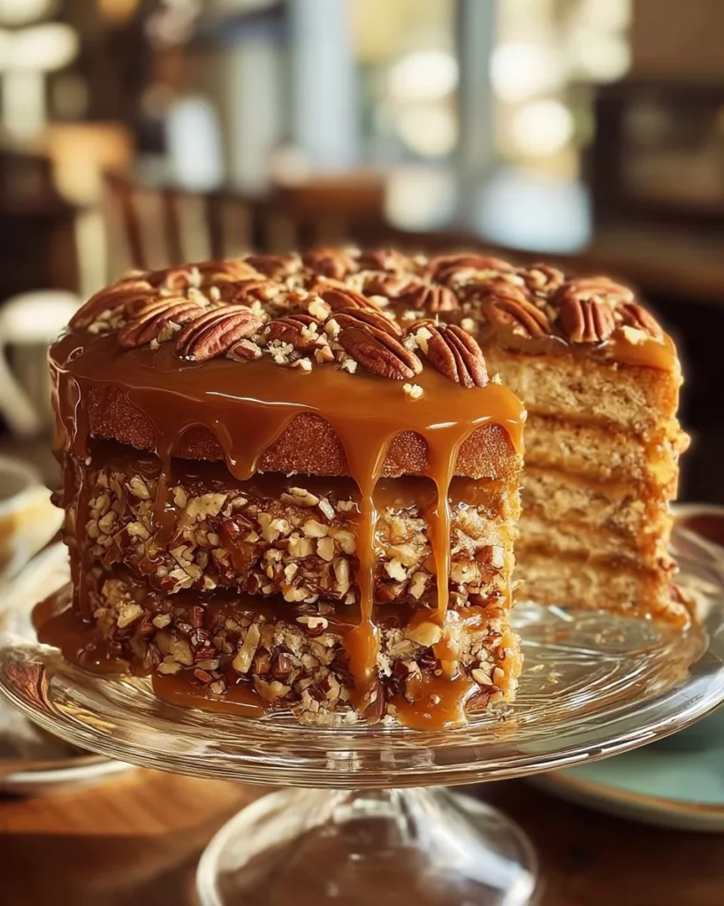 Delicious pecan caramel cake topped with rich caramel sauce and pecans.