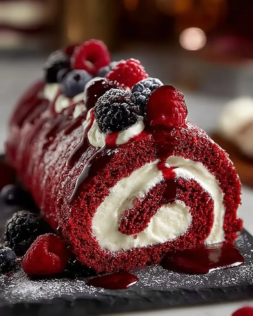 Irresistible Red Velvet Cake Roll with cream cheese frosting and decoration