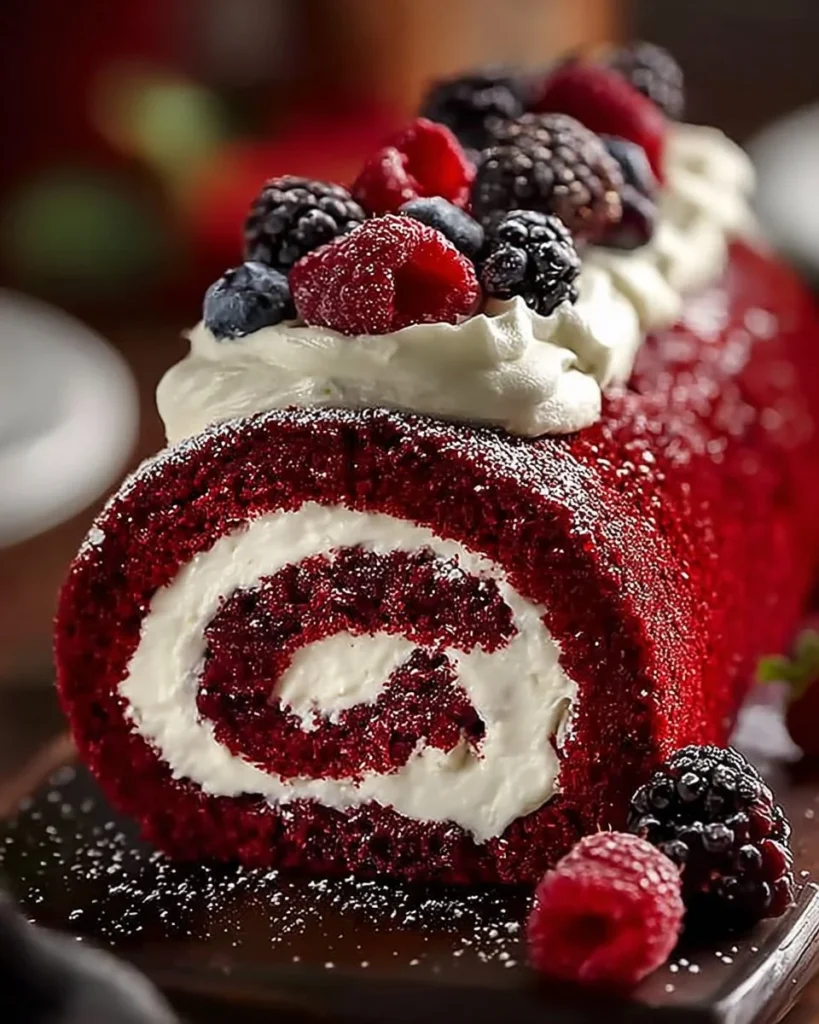Irresistible red velvet cake roll topped with cream cheese frosting.