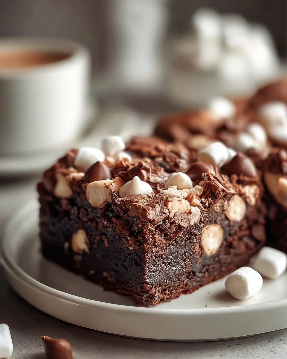 Decadent Rocky Road Brownie Cake topped with marshmallows and nuts