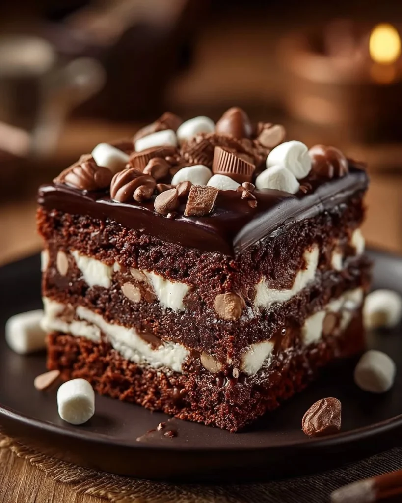 A slice of irresistible Rocky Road Brownie Cake topped with chocolate, nuts, and marshmallows.
