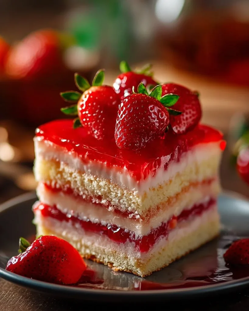 Delicious homemade strawberry cake topped with fresh strawberries and cream