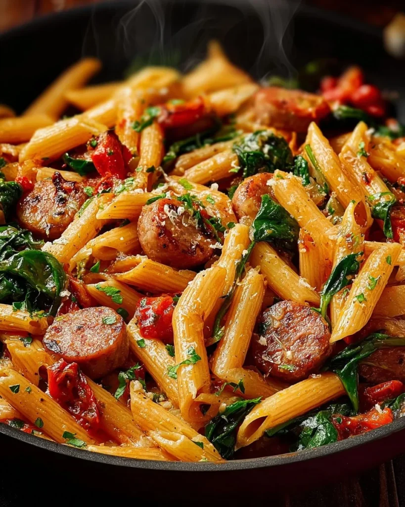 Delicious Italian sausage and penne pasta dish garnished with herbs.