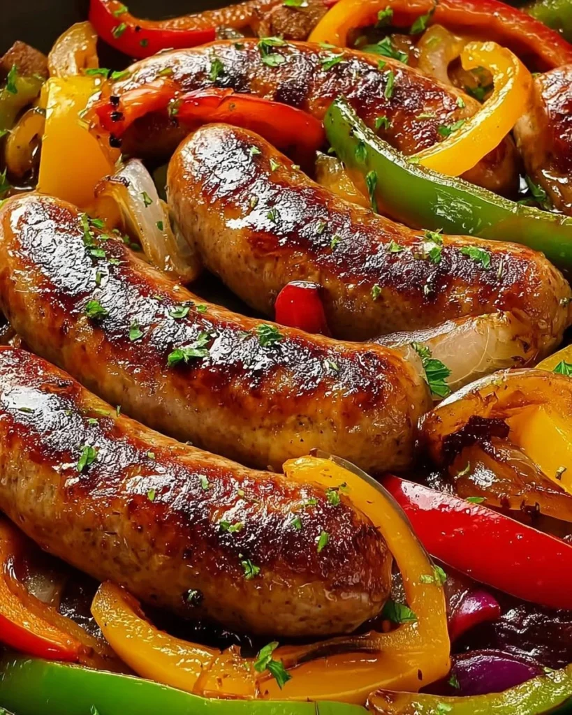 Italian sausage dish with colorful peppers and onions served on a plate