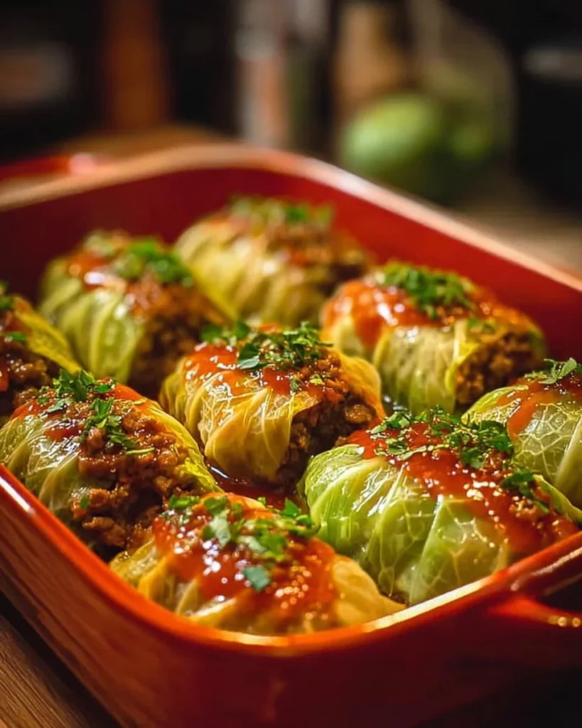 Plate of delicious Italian stuffed cabbage rolls garnished with parsley