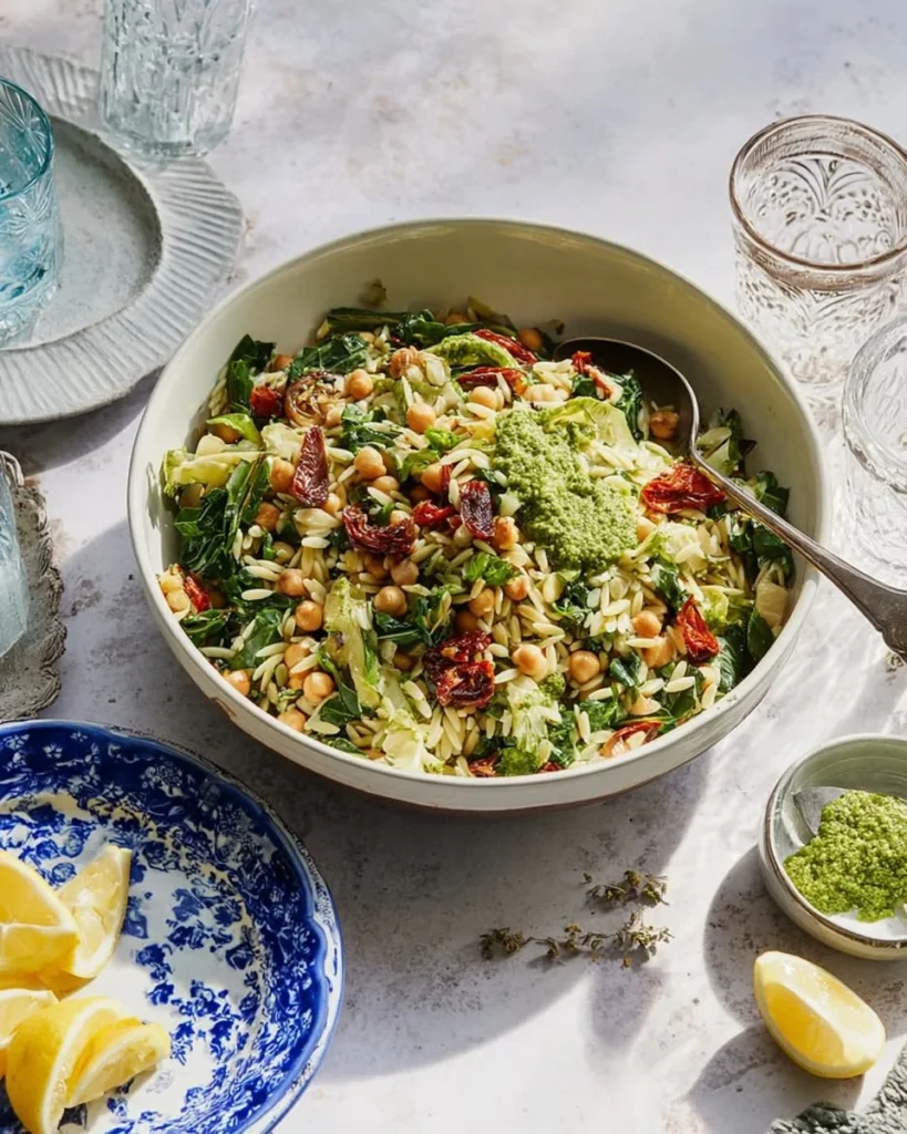Italian style pesto and orzo salad in a bowl, garnished with fresh basil