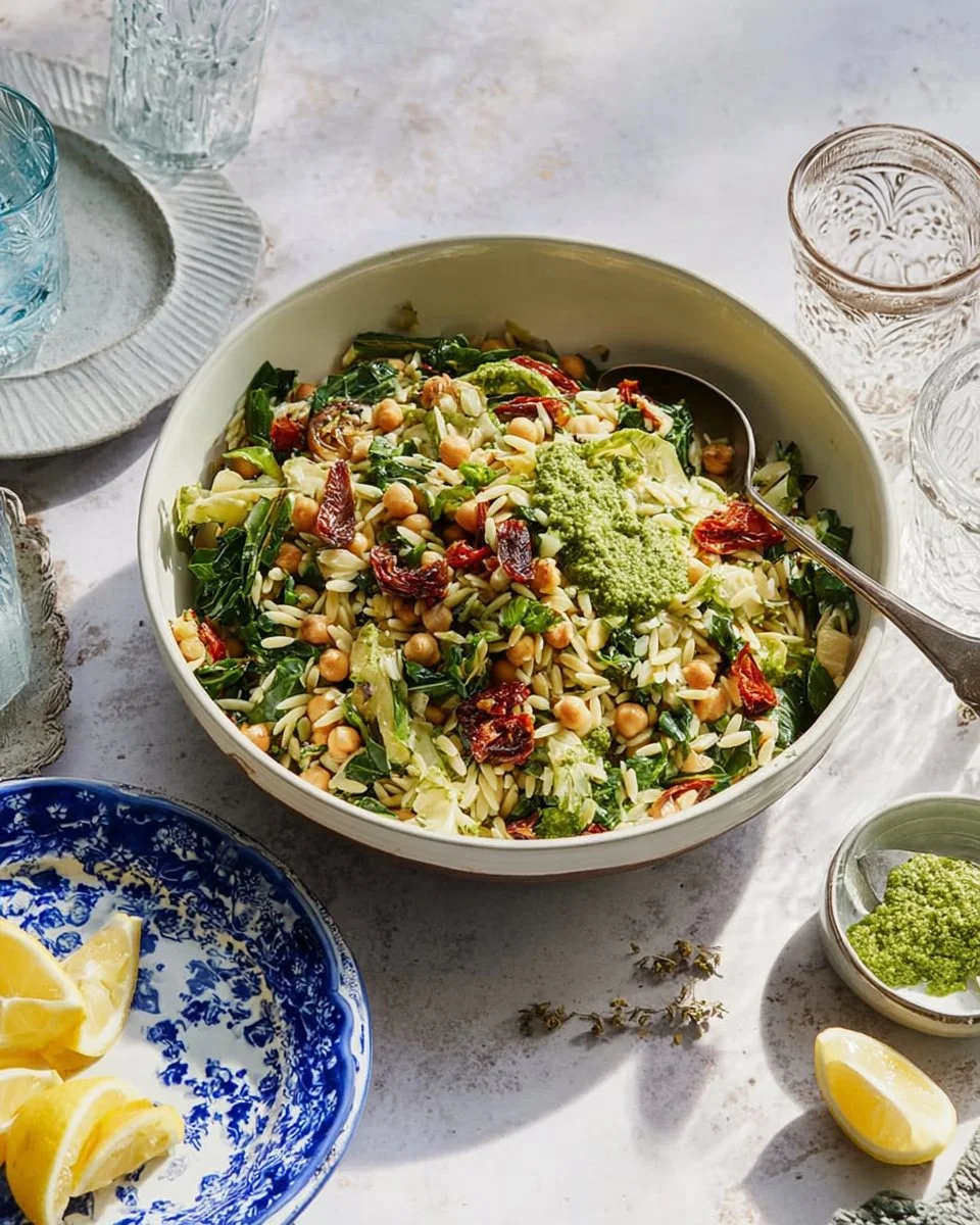 Italian style pesto and orzo salad in a bowl, garnished with fresh basil