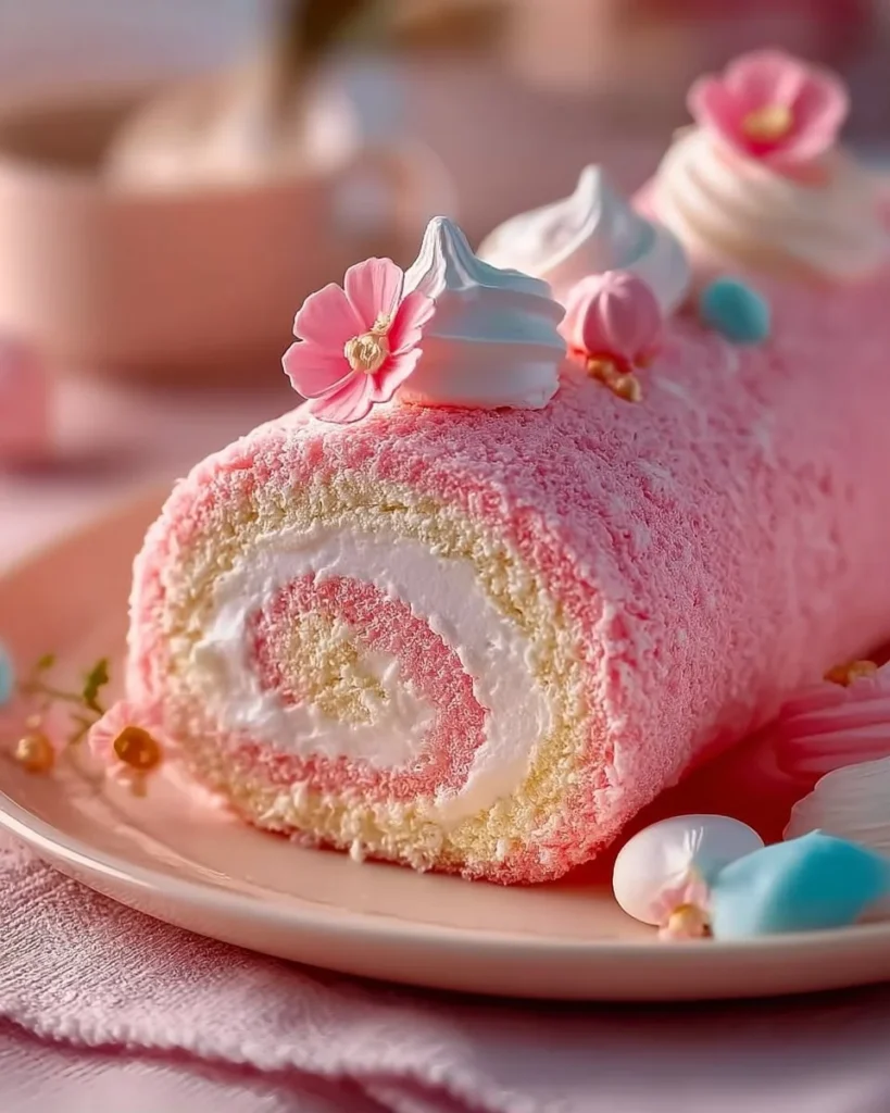 Japanese Cotton Candy Swiss Cake Roll featuring fluffy layers of cotton candy flavor