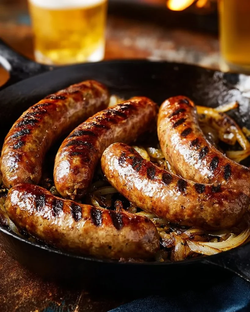 Juicy beer brats with caramelized onions on a plate