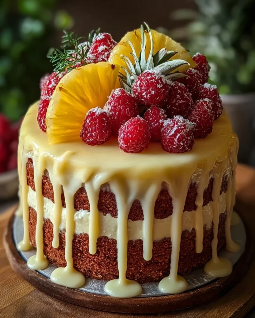 Juicy Pineapple Heaven Cake decorated with fresh pineapple slices
