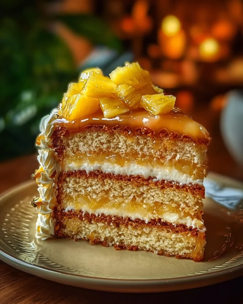 Juicy Pineapple Heaven Cake topped with fresh pineapples and whipped cream