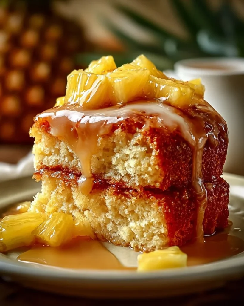 Delicious slice of Juicy Pineapple Heaven Cake topped with fresh pineapple.