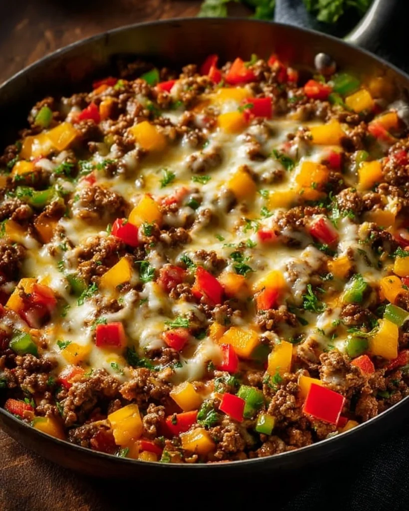 Keto Stuffed Peppers Skillet dish with vibrant bell peppers and savory filling.