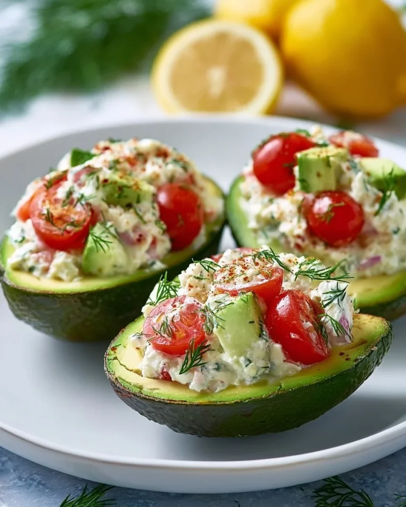 Keto tuna salad stuffed avocados atop a rustic wooden table