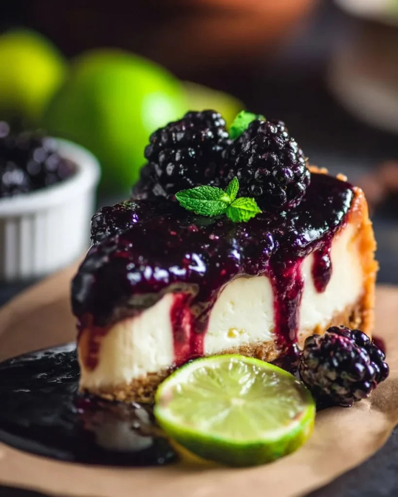 Slice of Key Lime Blackberry Cheesecake topped with fresh blackberries.