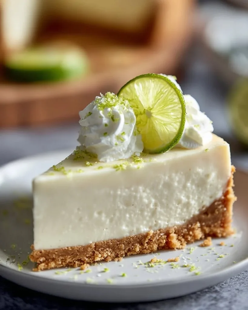 Delicious no-bake Key Lime Cheesecake topped with lime slices.